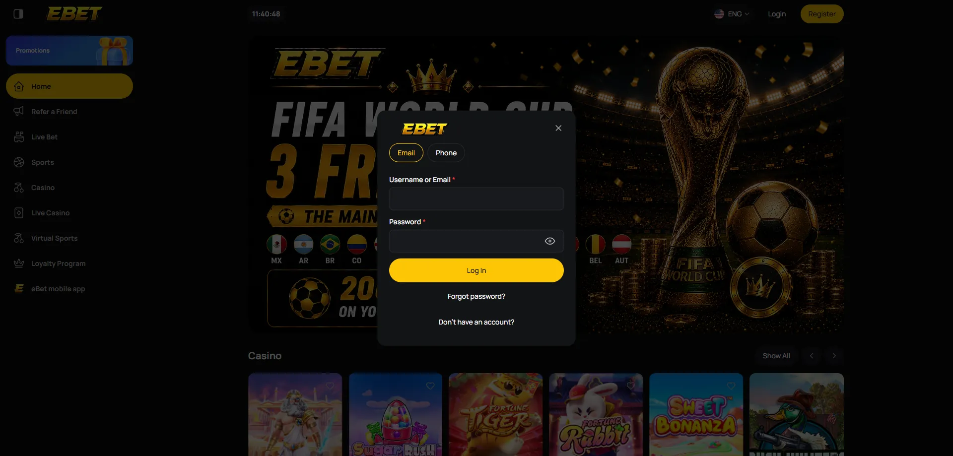 Proceso de registro y acceso a cuenta en la ebet app
